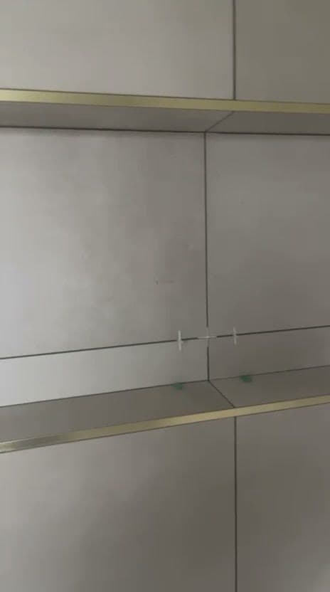 Niche de douche en cours de pose à La Motte-Servolex : profilés dorés en rive, croisillons et cales en place, joints alignés sur carrelage beige grand format