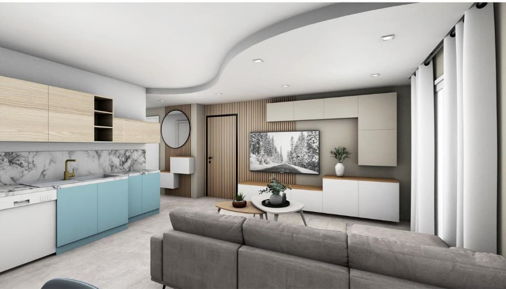 Projection 3D d’un séjour avec cuisine ouverte : meubles bas bleu turquoise, caissons en bois clair, faux-plafond à découpe courbe et spots encastrés